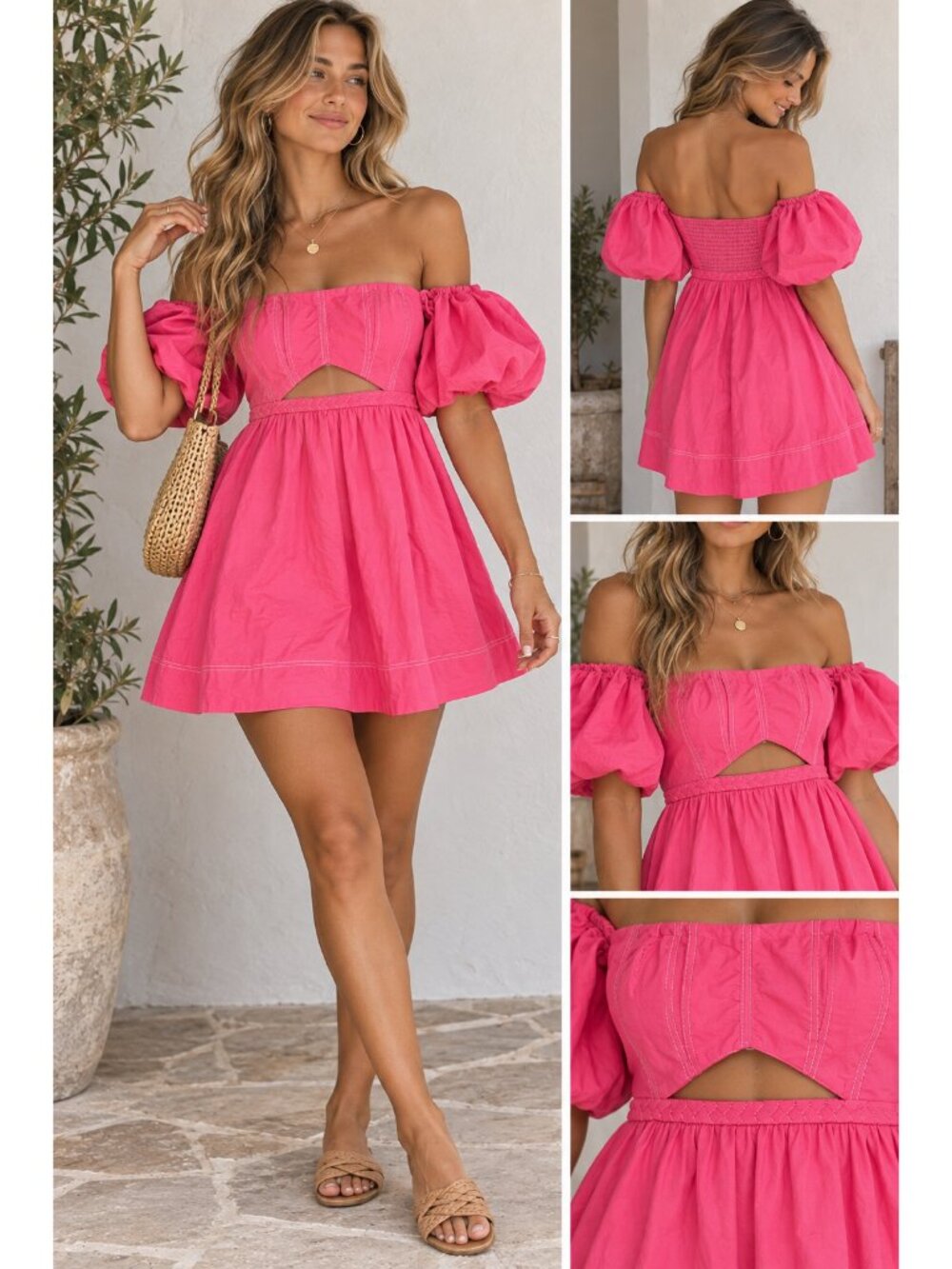 NWT Hello Molly Women’s Pink A Line Cut Out Puff Sleeve Off Shoulder Mini Dress
